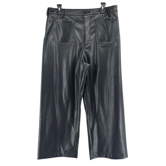 CeCe Women’s Black Faux Leather Cropped Wide Leg High Rise Pants Large NWT - Picture 1 of 13